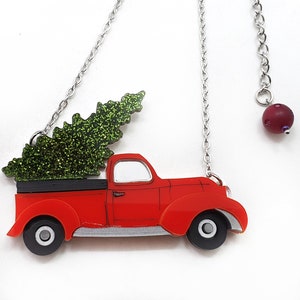 Broche ou collier camion sapin de Noël | Bijou de Noël vintage camionnette | Cadeau de Noël fait main