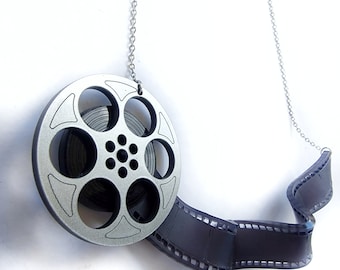 Maxi Film Reel Necklace Handmade Sculpted Unrolled Movie Film Strip Statement Necklace Cinema Inspired Acrylic Jewelry Film Lover Gift