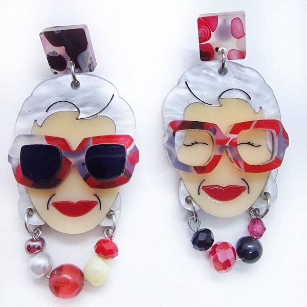 Iris Apfel asymmetrical drop earrings with laser cut square acrylic plexiglass glasses