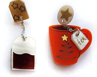 Christmas Tea Cup and Bag Earrings in Laser-Cut Plexiglass Acrylic