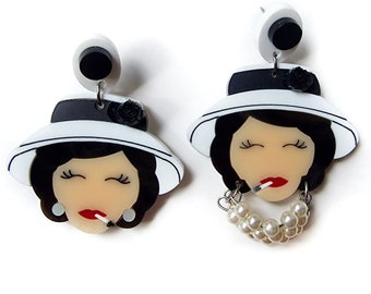 Roaring Twenties Lady Earrings, Art Deco Earrings, Flapper Style Jewelry, Vintage Glamor Earrings, Asymmetrical Statement Earrings