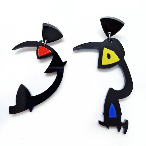 Boucles d'oreilles pendantes asymétriques, surréalisme, "Force de la matière", sculptées au laser, en plexiglas, vêtements de peinture artistique