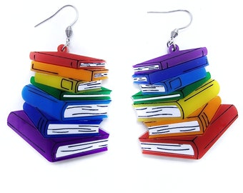 Dangling earrings, maxi stack of books, colorful laser cut, reading, writing, laser cut plexiglass and acrylic