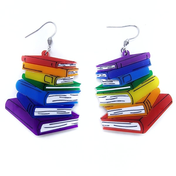 Dangling earrings, maxi stack of books, colorful laser cut, reading, writing, laser cut plexiglass and acrylic
