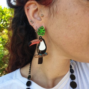 Earrings TOUCAN and flowers acrylic and plexiglass laser cut