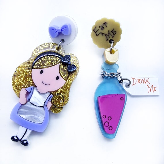 Drink eat me and Alice in Wonderland laser cut plexiglass and acrylic earrings