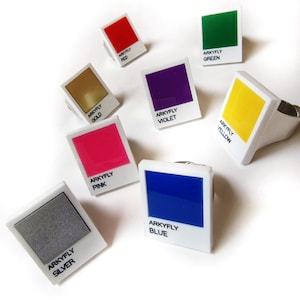 Può includere: Un set di dieci anelli colorati con diversi campioni di vernice. Gli anelli sono etichettati con i nomi dei colori: rosso, oro, rosa, blu, viola, verde, giallo, argento.
