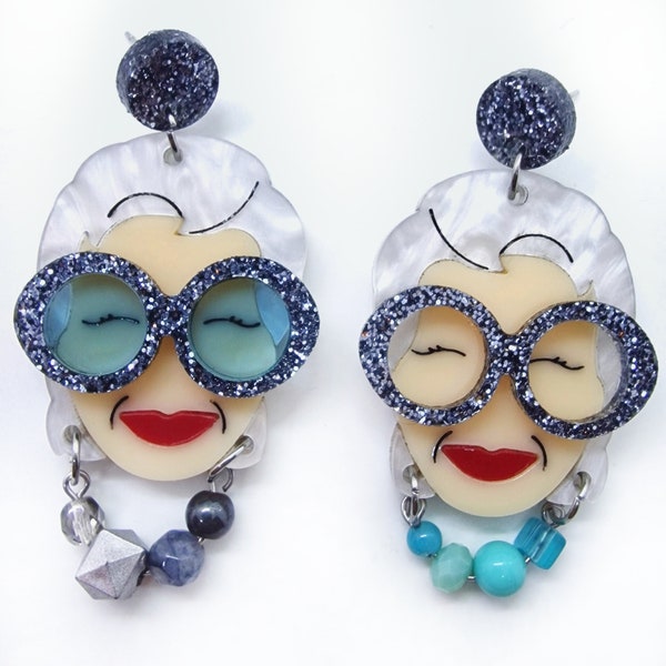 Iris Apfel asymmetric pendant earrings oval colored laser cut acrylic plexiglass glasses