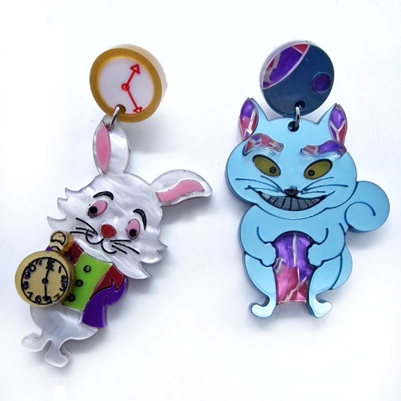 White Rabbit and Cheshire Cat Earrings Alice in Wonderland - Etsy