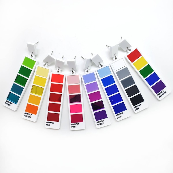 Oorbellen met kleurverloop, oorbellen met kleurenpalet, sieraden met kleurstalen, statement oorbellen met ombré-effect, kleurrijk handgemaakt cadeau