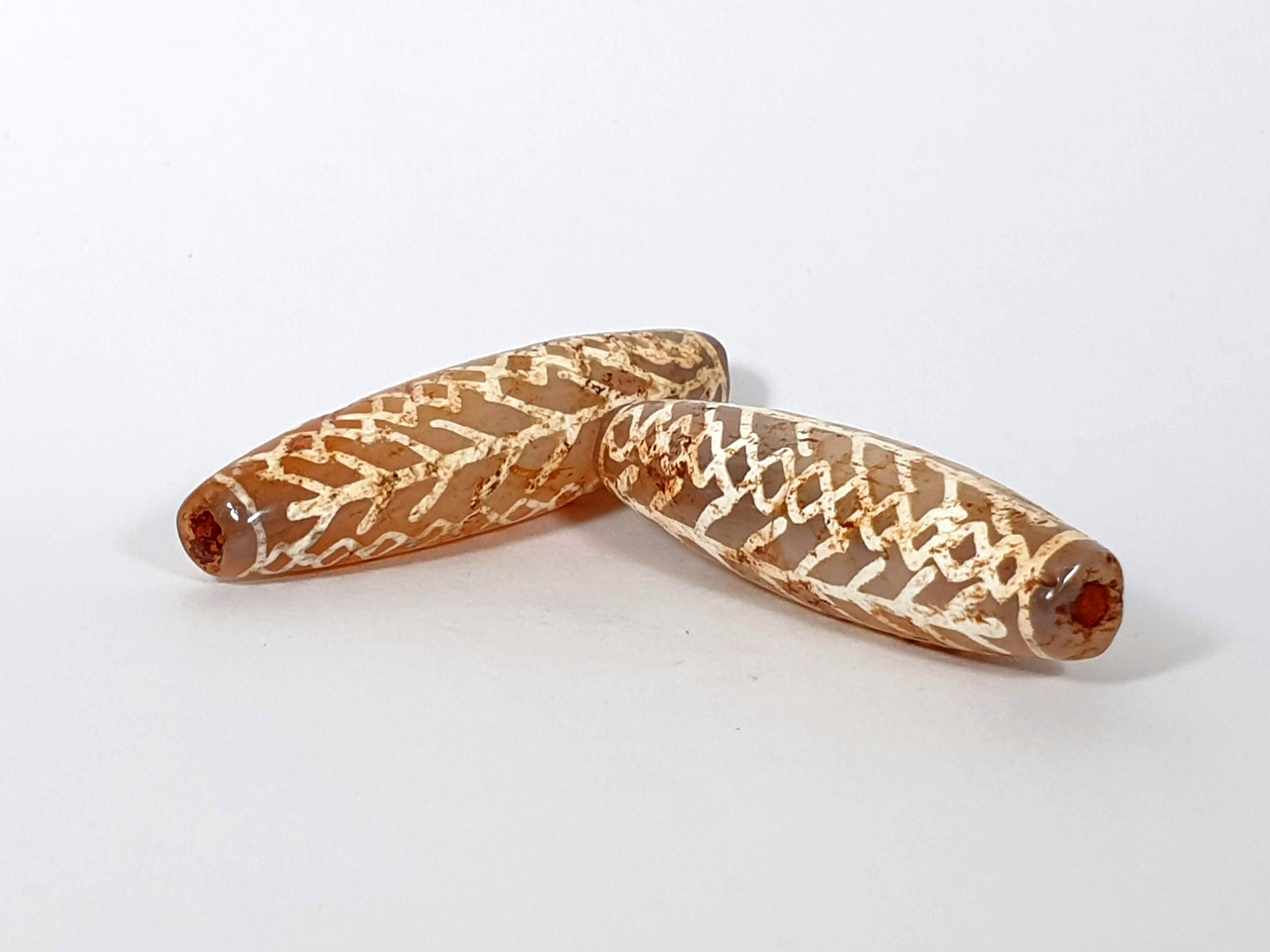 Pair of Antique Fish Bone Motif Carnelian Dzi Beads (CP-4