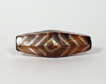 Ancient Three Eye & Tiger Stripe Motif Carnelian Dzi Bead - Rare Hexagon Shape