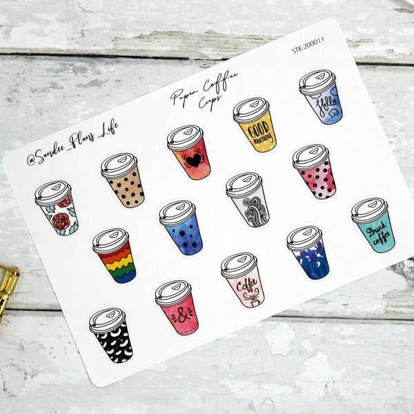 Coffee cup stickers, coffee to go, paper cups, planner stickers, decorative stickers, bullet journal stickers, latte, cappuccino, drink cups