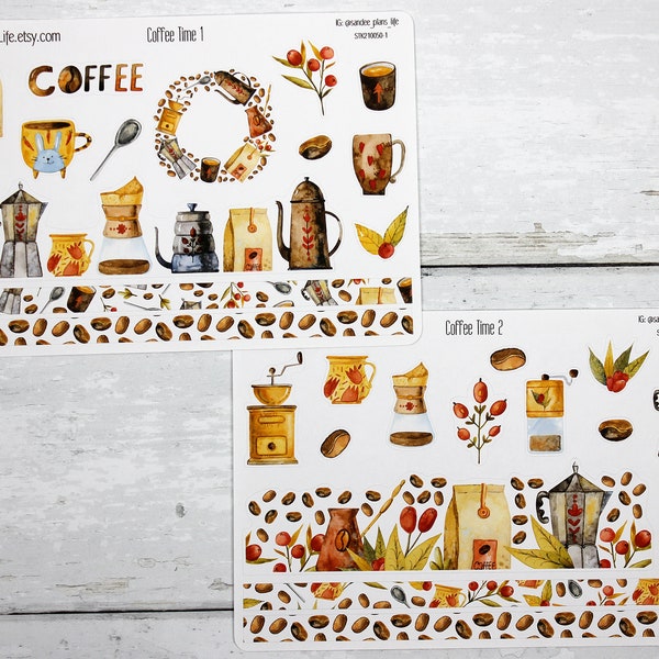 Coffee stickers | Coffee beans | Espresso coffee mill grinder cups mugs Watercolor coffee accessories Coffee washi tape border sticker