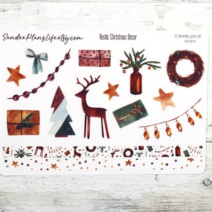 Stickers de Noël rustiques | Stickers décoratifs pour agendas, journaux, papeterie, bujo, courrier postal, renne, cadeaux, guirlande d'arbres, couronne d'étoiles