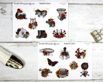 Stickers décoratifs roses steampunk | éphémères | roses rouges | gothique | chapeau haut de forme | corset | crâne | machine à écrire | machine volante | zepplin