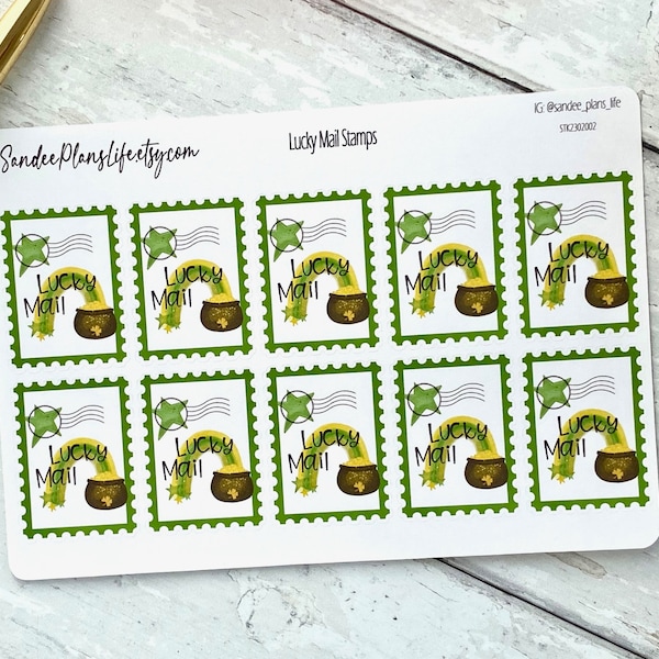 Lucky Mail Faux Postage Stamp Stickers | St. Patrick's Day, Happy Mail, Pot of Gold, Cancellation Mark, Lucky stickers, Shamrock, Rainbow