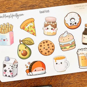 Autocollants colorés Kawaii Foods | Nourriture kawaii mignonne | Pizza Frites Donut Avocat Biscuit Hamburger Café Lait Carton Bière Sauce soja