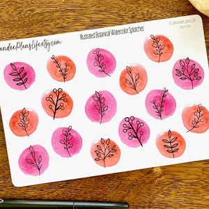 Pegatinas ilustradas con manchas de acuarela botánica / Pegatinas decorativas / Planificadores, diarios, cartas, correo postal / Dibujos en tinta negra