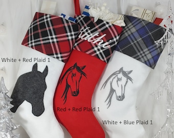 Horse Christmas Stocking. Stocking Size: 8.5" Cuff, 12" Foot, 20'' Tall. Embroidered Christmas stocking