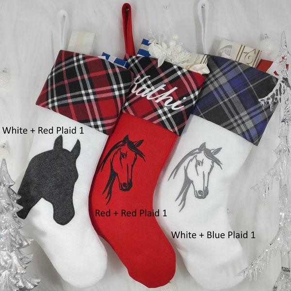 Horse Christmas Stocking. Stocking Size: 8.5" Cuff, 12" Foot, 20'' Tall. Embroidered Christmas stocking