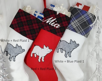 Pig Christmas Stocking, Piggy Christmas Stocking.  Size: 8.5" Cuff, 12" Foot, 20'' Tall. Embroidered Christmas stocking.
