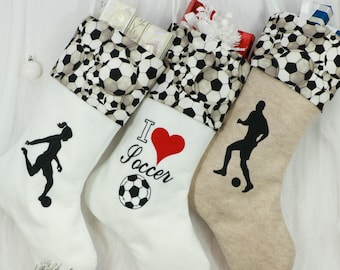 Soccer Christmas Stocking,  I Love Soccer, Sports Christmas Stocking.  Size: 8.5" Cuff, 12" Foot, 20'' Tall