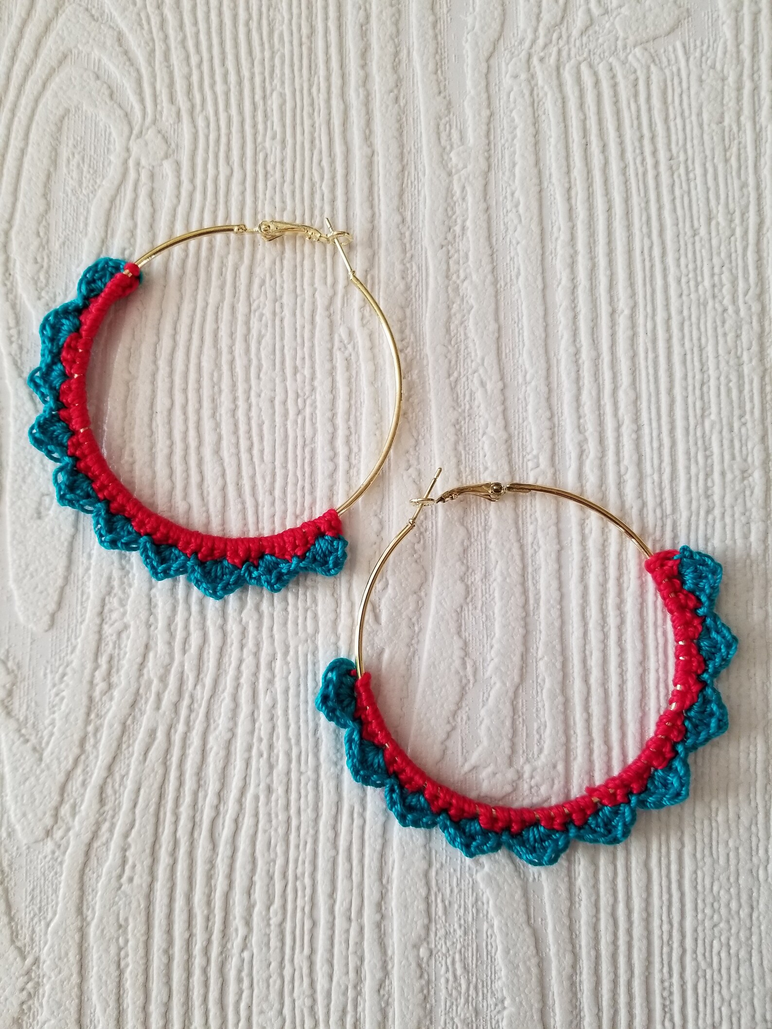 Large Hoop Blue Red Lace Earrings Gold Plated 60mm / Etsy