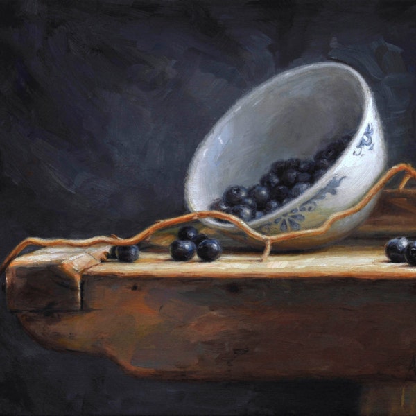 Original Still Life Oil Painting of Blueberries, 'Abyss,'  Framed
