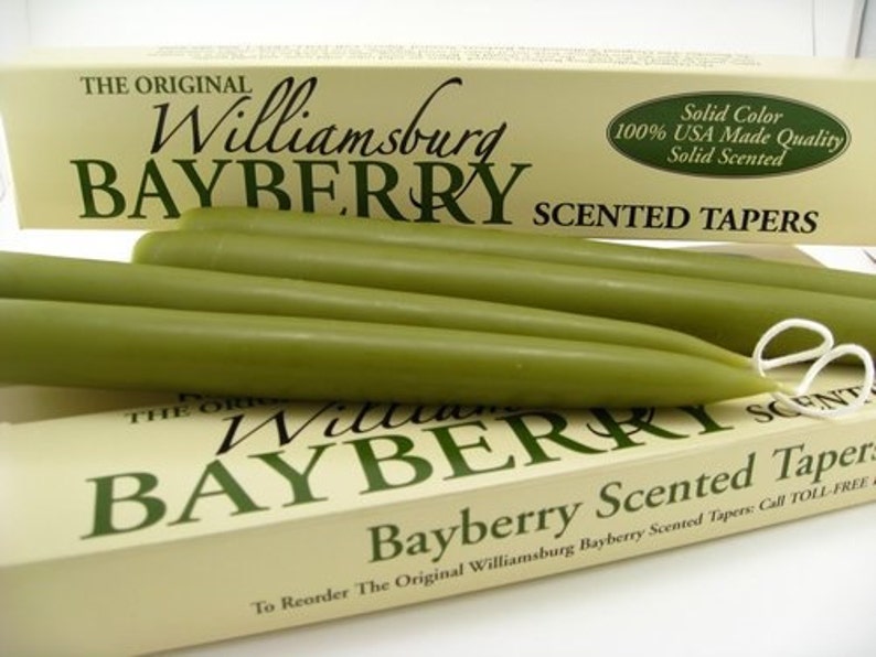 Williamsburg Bayberry Candles Tapers with Bayberry Candle Legend Bayberry Scented Standard Base 7/8 10 Tall 1 Pair image 1