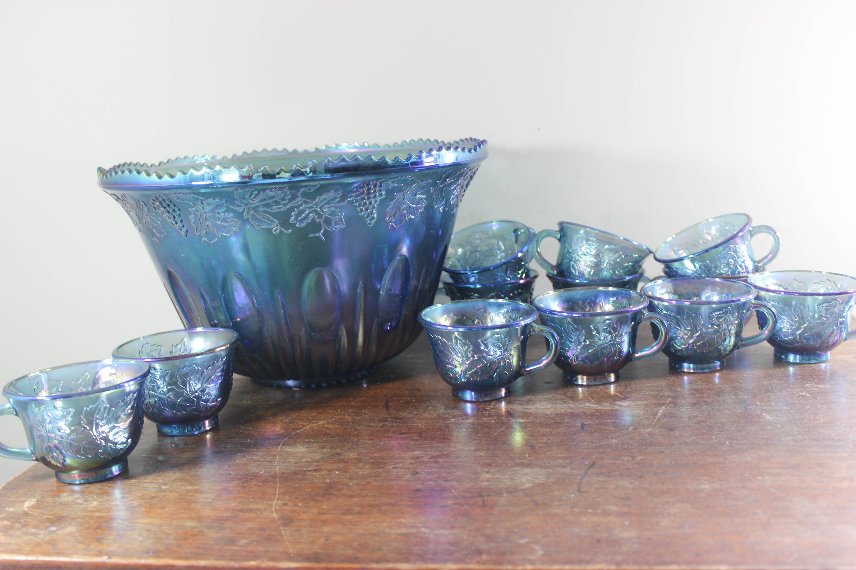 Blue Carnival Glass Punch Bowl With 12 Punch Glasses Harvest Grape
