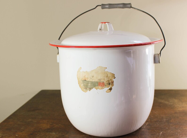 Enamelware Cooking Pot with Lid White with Red Trim Etsy