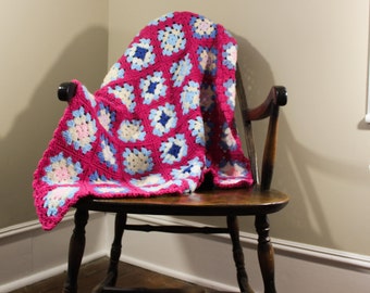 Vintage Colorful Handmade Granny Square Child's Afghan Heavy Pink Blue White Hand Crochet Baby Blanket, Carriage, Crib, Baby Throw, Lap Robe