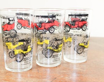 Set of 3 Libbey Glass Tumblers - Buick 1910, Cadillac 1906, Ford 1906 / Collectible Antique Cars  - Gifts for Him