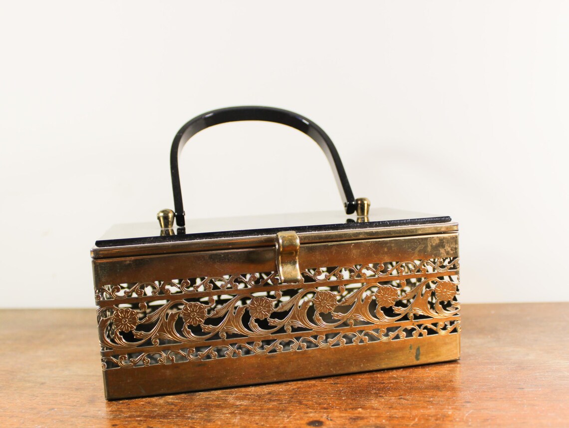 Vintage Lucite Box Purse Cut Metal Box Purse Black Lucite Top and