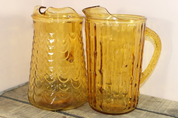 Vintage Amber Glass Pitchers Patterned Yellow Glass Lemonade Pitcher Water  Pitcher Art Deco Glass Kitchenware 