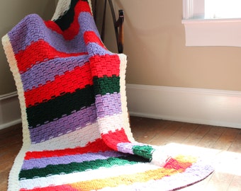 Vintage Handcrafted Afghan Blanket - Vibrant Purple Red Green White Colors - Striped Design- Bright Colored Blanket - Throw -  Linens