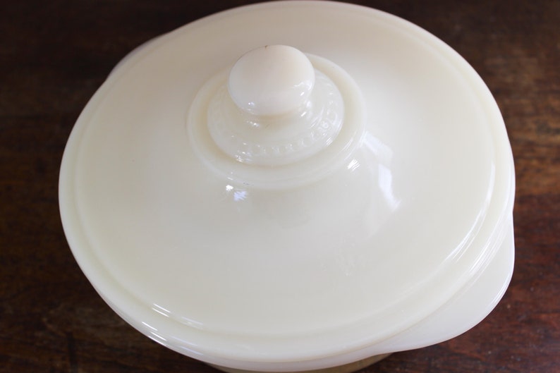 White Ivory Glass Fire King Covered Casserole Dish Scroll Pattern