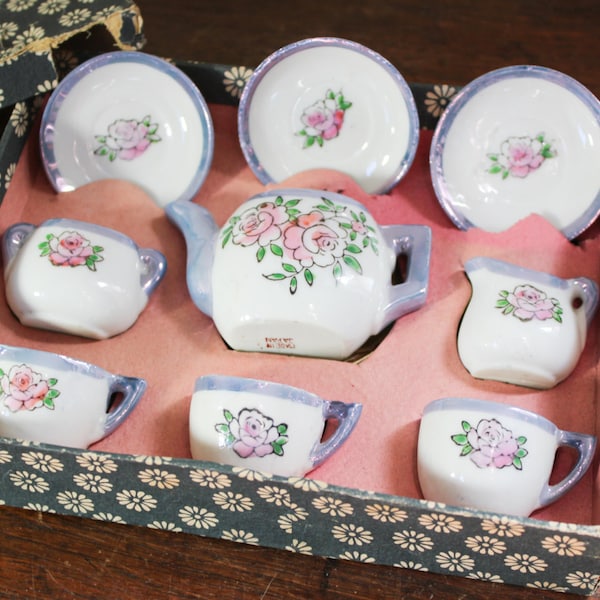 1930s Vintage 1920s Pre-WWII 15 Piece Set Japanese Toy Tea Set Hand Painted Floral Design White Porcelain Made in Japan