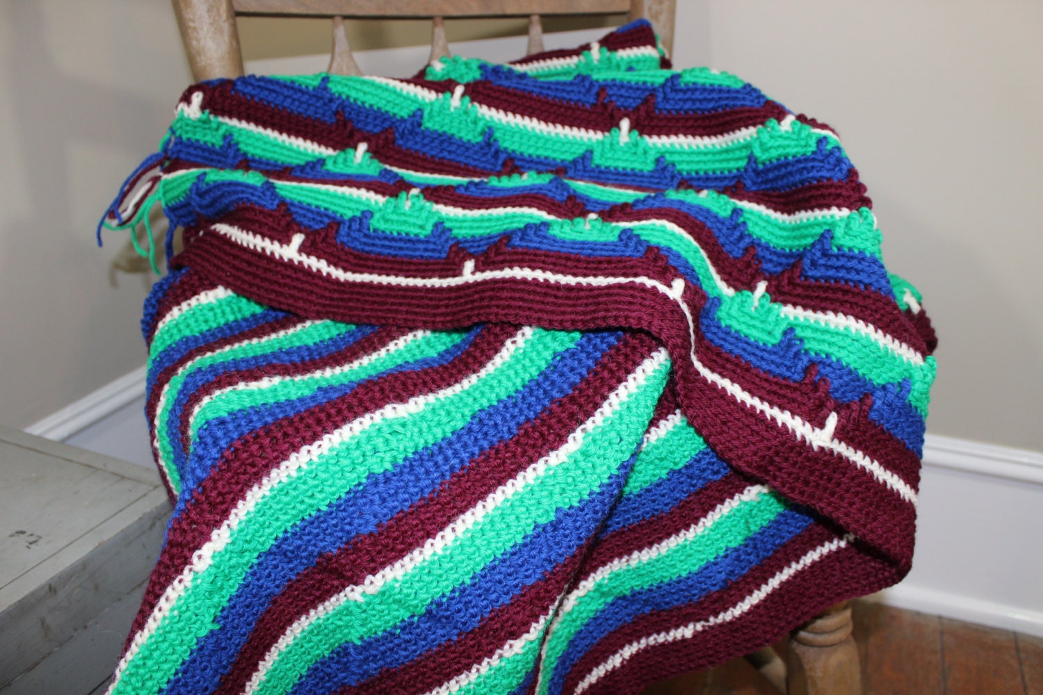 Vintage Afghan Blanket Handcrafted in Vibrant Colors Striped Multi