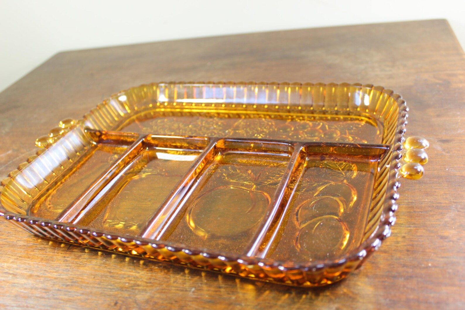 Vintage Amber Glass Serving Tray Indiana Glass Fruit Motif Design