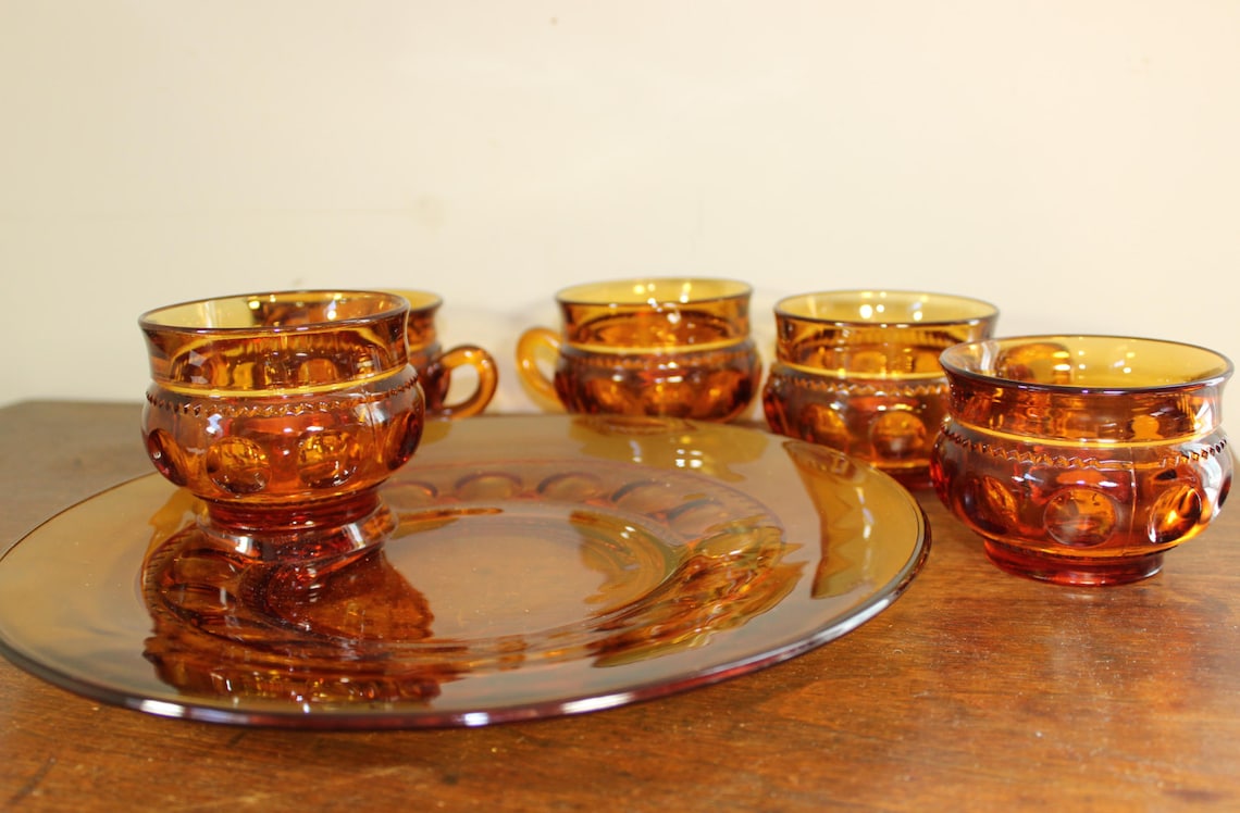 Amber Glass Vintage Luncheon Plates and Cups Thumbprint Set of Etsy