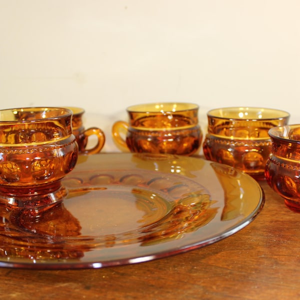 Amber Glass Vintage Luncheon Plates and Cups Thumbprint Set of 4 Snack Set  Indiana Glass Co 4 sets - 8 Piece Bed and Breakfast