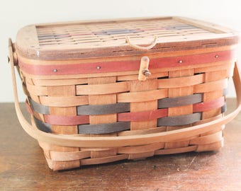 Longaberger American Picnic Basket -Collectible Basket 1988 Artist Signed, Handwoven, Dresden Ohio - Red and Blue - Cake Basket w Protector