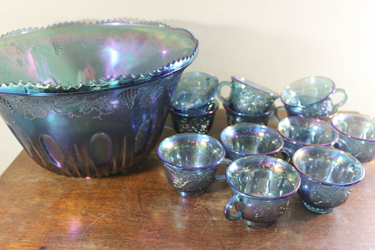 Blue Carnival Glass Punch Bowl With 12 Punch Glasses Harvest Grape