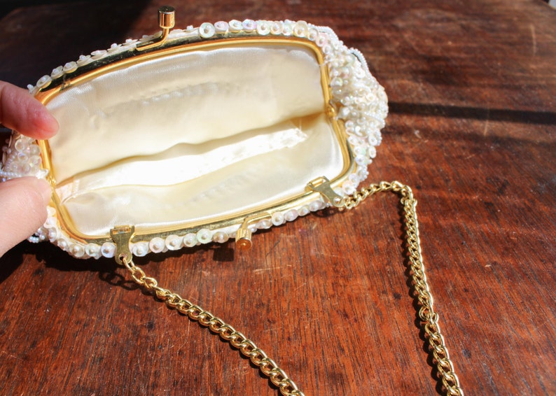 Vintage White Beaded Clutch with Gold Clasp and Chain Handbag Etsy