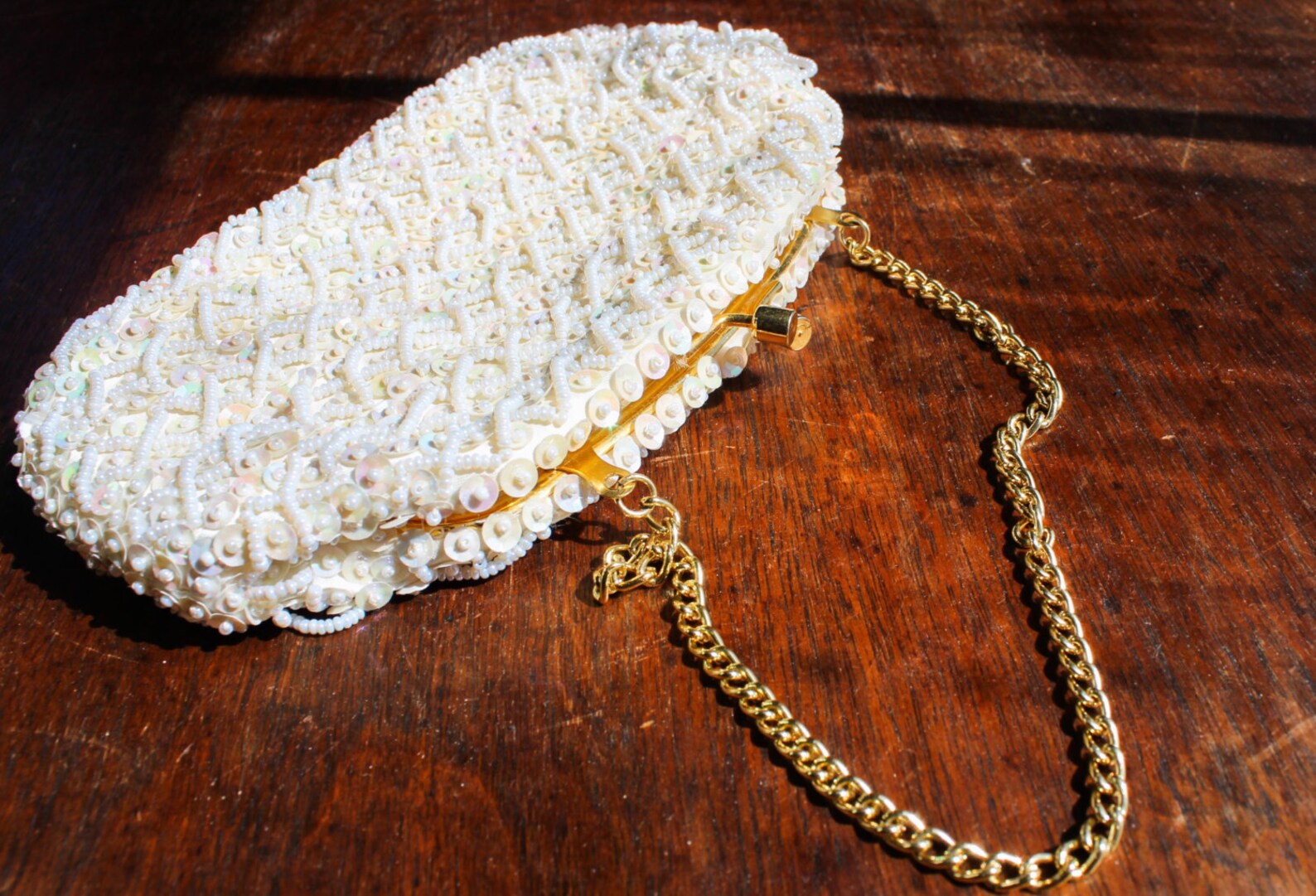 Vintage White Beaded Clutch with Gold Clasp and Chain Handbag Etsy