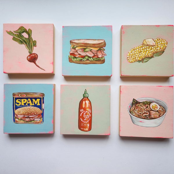 Tiny square gouache paintings of food