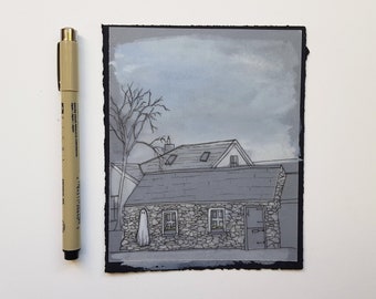 Inktober 12- Original gouache and ink illustration of a cottage ghost