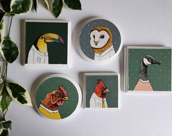 Small paintings of birds in clothing